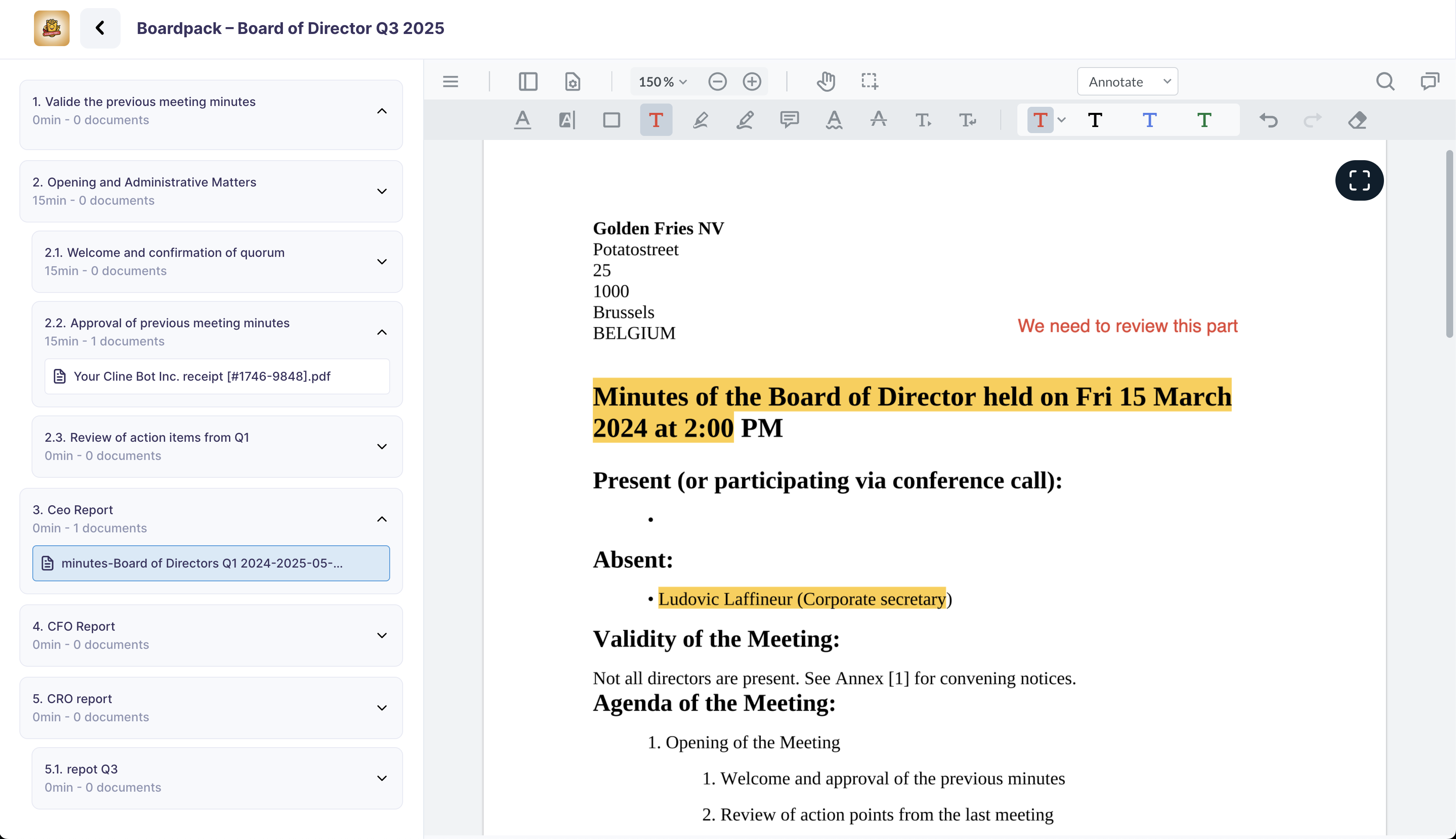 Dafira board pack organised by agenda item, with annotations on a document
