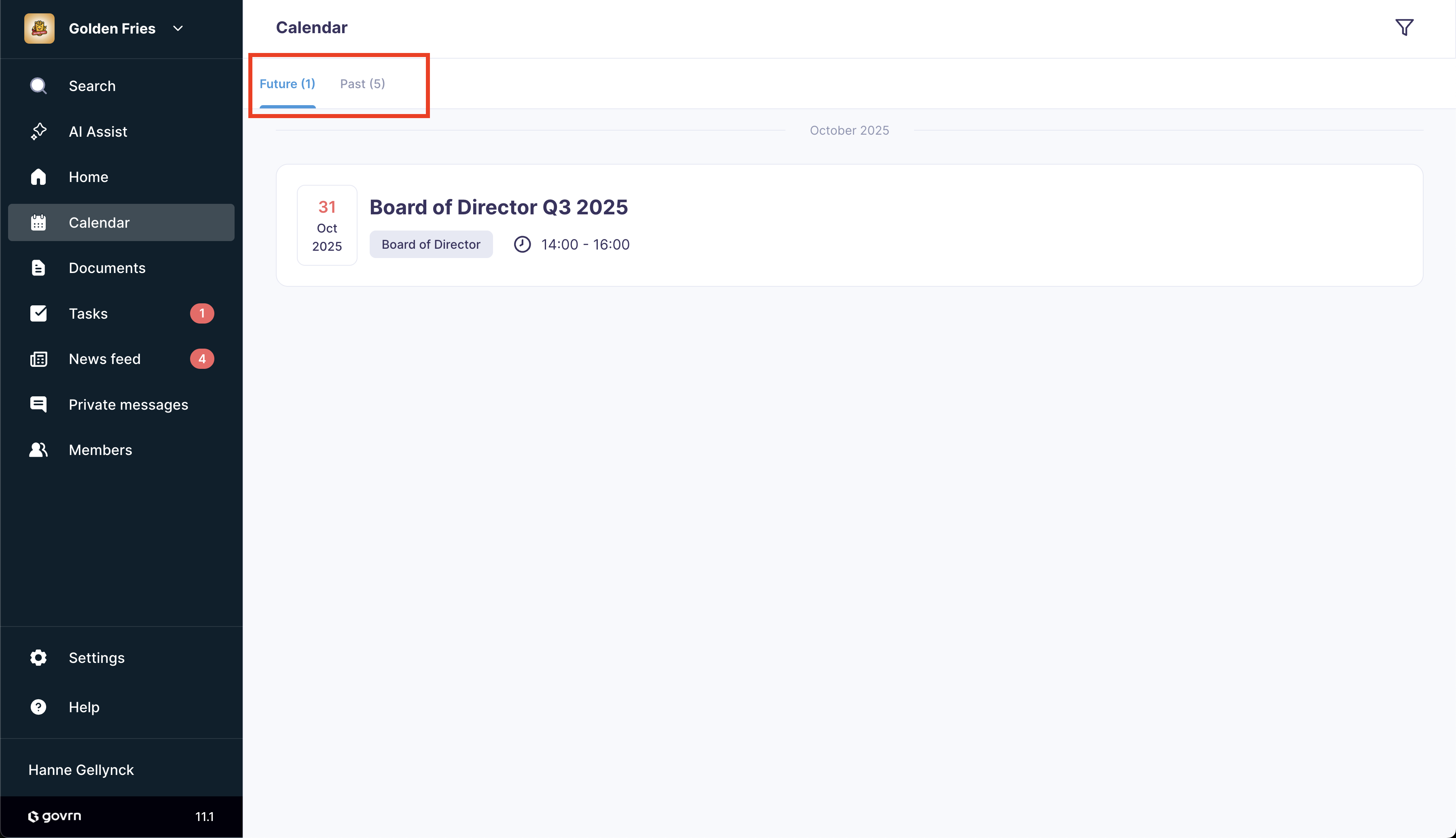 Dafira events tab showing upcoming and past board meetings