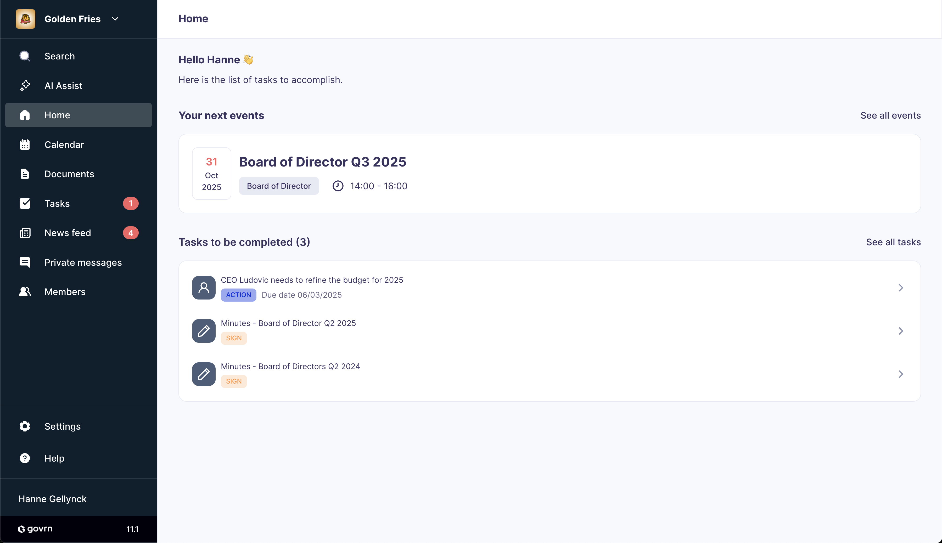 Dafira board member dashboard home page interface